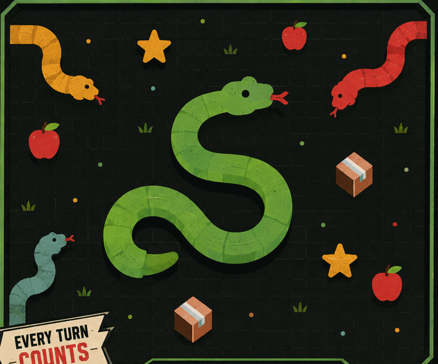 Illustrated multiplayer Snek arena with green, red and gold snakes, apples and supply crates